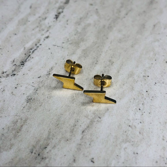 Stainless Steel Gold Lightning Bolt Earrings - Picture 5 of 15
